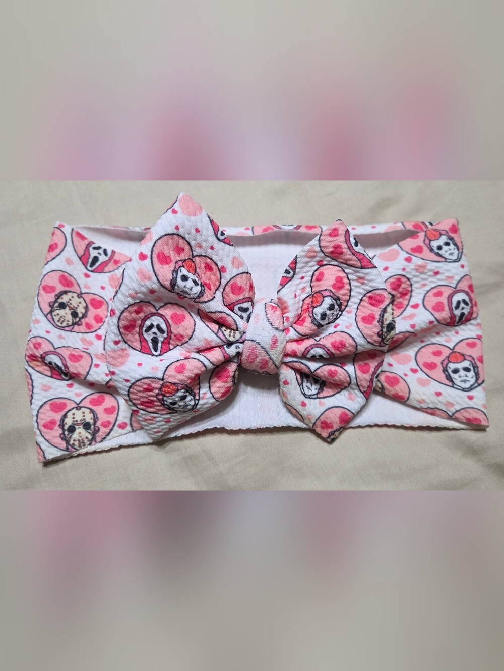 Teen/Womans Pink Heart & Mask Print Bow Headband